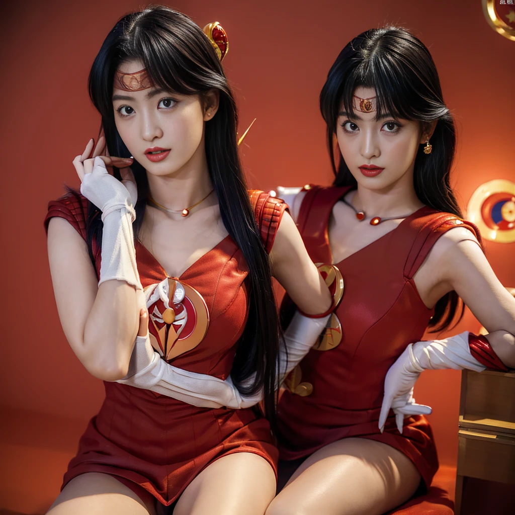 Highest quality，masterpiece，Very detailed, 8K，Beautiful Japan woman atld:1.5, Small face, blunt bangs, (Detailed red Sailor Moon costume:1.5), Breast Augmentation Surgery, Very detailedな臭い脇の下、　height64cm