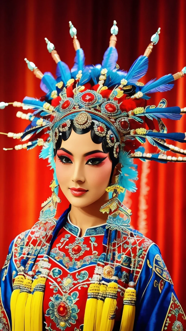 Beautiful and delicate eyes, Traditional clothing, Bright colors, Dramatic Lighting, Complex facial makeup, Exquisite headdress, Elegant posture, Gorgeous stage background, Decorative accessories