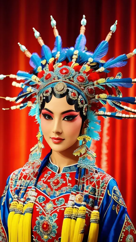 Beautiful and delicate eyes, Traditional clothing, Bright colors, Dramatic Lighting, Complex facial makeup, Exquisite headdress,...