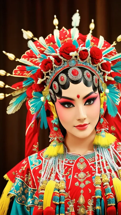 Beautiful and delicate eyes, Traditional clothing, Bright colors, Dramatic Lighting, Complex facial makeup, Exquisite headdress,...