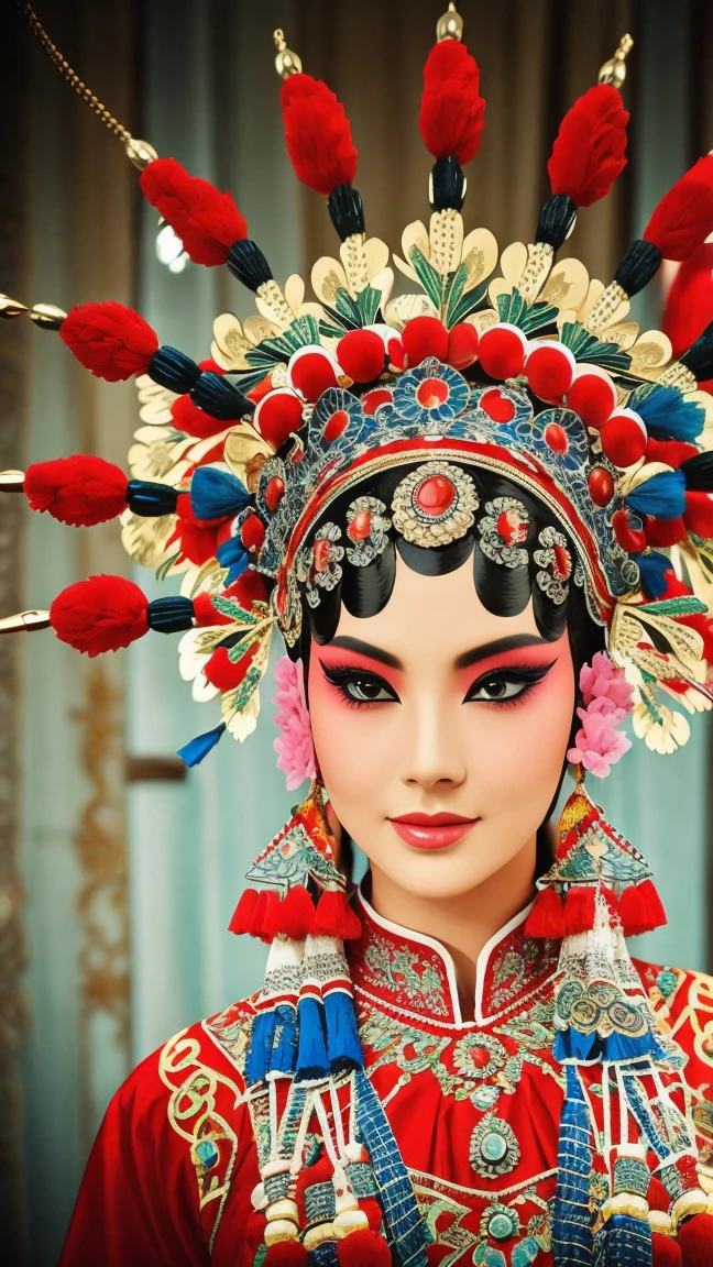 Beautiful and delicate eyes, Traditional clothing, Bright colors, Dramatic Lighting, Complex facial makeup, Exquisite headdress, Elegant posture, Gorgeous stage background, Decorative accessories