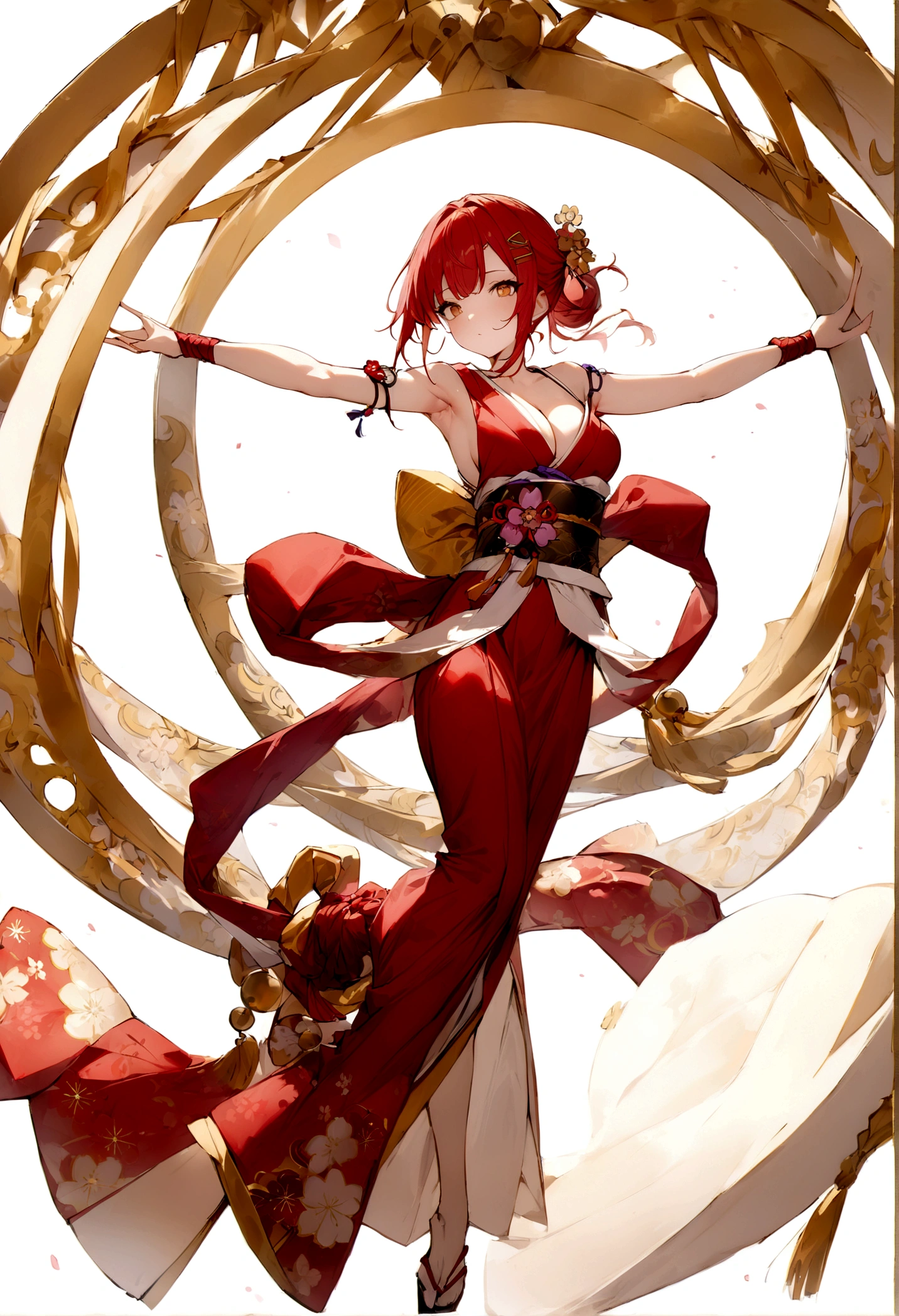 White background、whole body、(masterpiece, best quality:1.2), White background、Long red hair tied up、Japanese style、White background、Red kimono、With arms outstretched、whole body、Plum blossom accessories、Plum blossom hair clip、Golden Japanese pattern decoration、whole body、Armpits and cleavage、White background