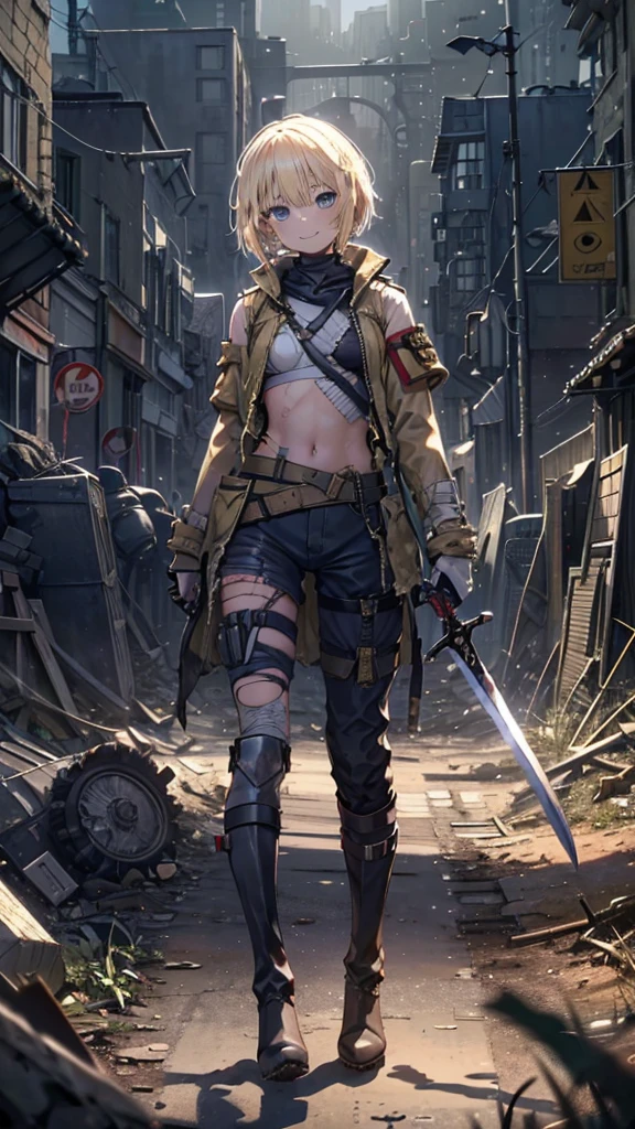 (Young blonde girl), (short hair to shoulders), (big confidence smile), (bandages covering chest), (dirty aspect, scars), (militar pants and boots), (great sword with one hand), (exposed belly), (Torn military clothes), (apocalypse city background), (bandages chest), (Small militar jacket)