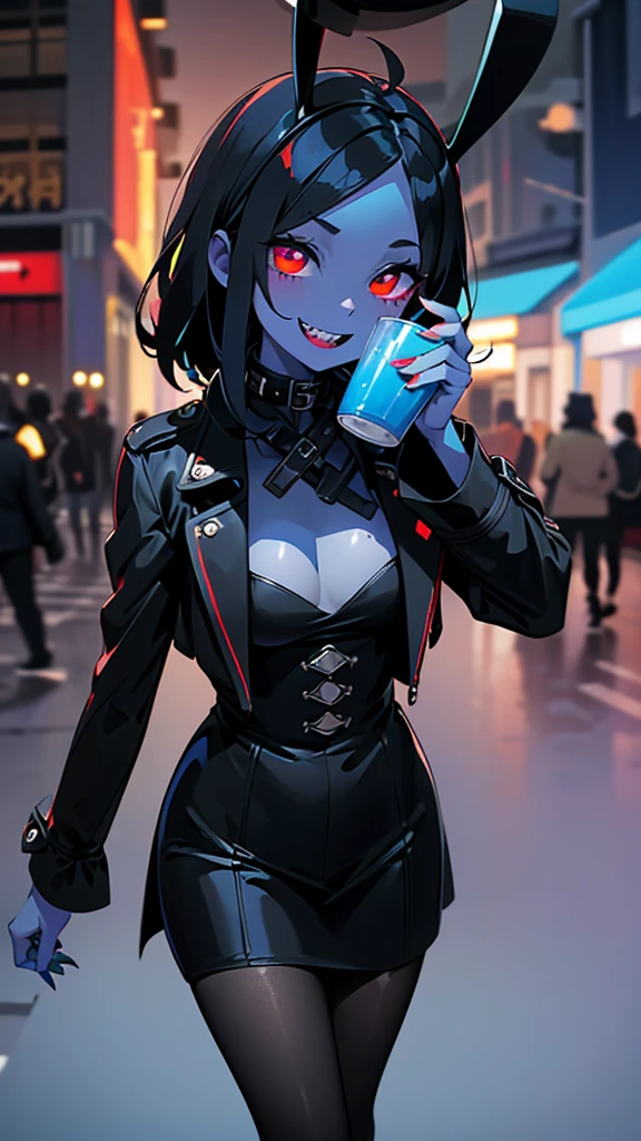 quality\(masterpiece, best quality,8K,Highly detailed CG unit wallpaper,High resolution,top-quality,top-quality real texture skin,surreal,Increase the resolution,RAW Photos,highest quality,Very detailed,wallpaper\), BREAK ,A girl wearing a trench coat\(Devil Girl,cute,Black Hair,(Blue Skin),Black bunny suit,pantyhose,Red Eye,Big eyes,Eyes Shining,Drinking blood,smile,Sharp teeth,Open your mouth,Blue Horn\), BREAK ,background(outside,night,neon,Backstreets)