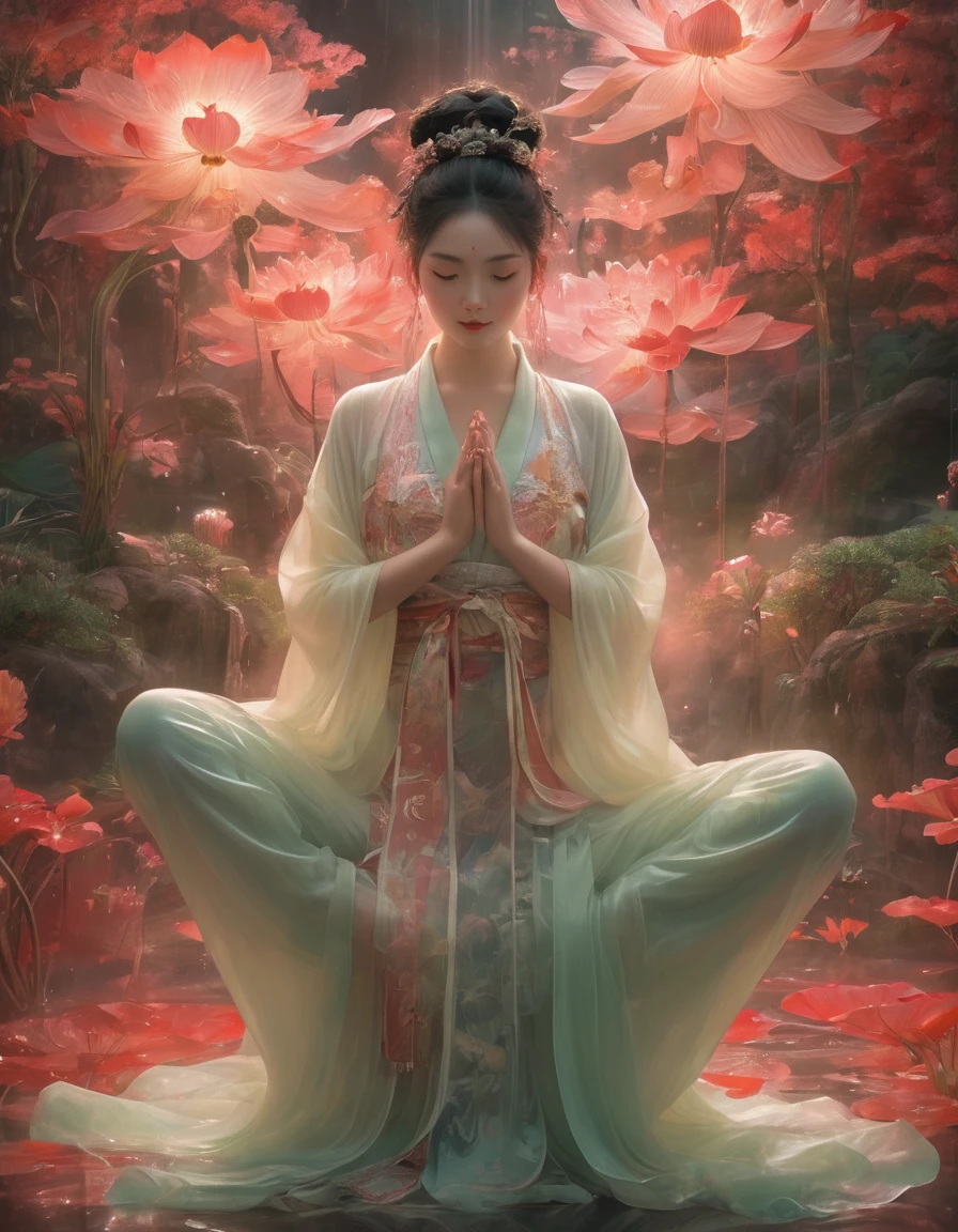 Full-body photo of a courtesan in lotus position，Praying with palms together、Anatomically correct,born, Cinematic shots, (Sharp focus:1.5), (Realistic:1.4), dusk lighting, Volumetric lighting, Ultra-high resolution, 16K,Dramatic lighting, Abstract background：1.5）（Tangleた，Datura stramonium，Holding a heart light in your hand、Tangle，Intertwined：0.7）witch，Red kimono, Foxfire spells, conversion, Depth of written boundary, A fantastic atmosphere, The most beautiful form of chaos, Elegance, Fauvist Design Dark Theme, flowers of death, flowers of ecstasy，Glowing Lines,Glow Example，Tracking example，flash， Backlight，translucent，Particles of light,hill，exit