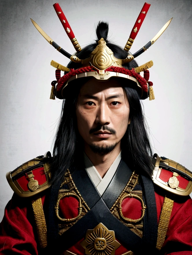 Crie um retrato altamente detalhado e historicamente preciso de Oda Nobunaga, o famoso senhor da guerra japonês do período Sengoku. Ele deve ser retratado vestindo armadura de samurai tradicional com designs intrincados, incluindo um kabuto (Capacete) Com um brasão distintivo. Sua expressão deve ser severa e imponente, refletindo sua reputação como um líder implacável e estratégico. O fundo deve incluir elementos de um castelo japonês ou campo de batalha para enfatizar seu papel como comandante militar. Use um estilo de arte realista com atenção à precisão e detalhe históricos.