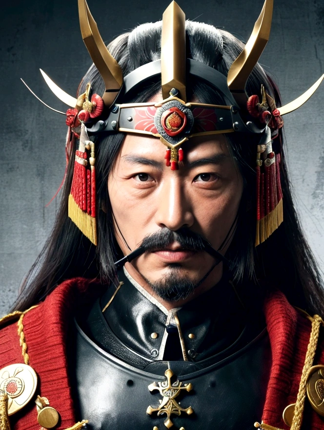 Crie um retrato altamente detalhado e historicamente preciso de Oda Nobunaga, o famoso senhor da guerra japonês do período Sengoku. Ele deve ser retratado vestindo armadura de samurai tradicional com designs intrincados, incluindo um kabuto (Capacete) Com um brasão distintivo. Sua expressão deve ser severa e imponente, refletindo sua reputação como um líder implacável e estratégico. O fundo deve incluir elementos de um castelo japonês ou campo de batalha para enfatizar seu papel como comandante militar. Use um estilo de arte realista com atenção à precisão e detalhe históricos.