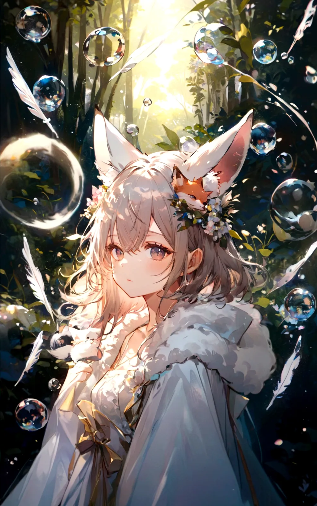 there is a woman with a cat ears and a white dress, artwork in the style of guweiz, fantasy art style, girl with fox ears, guwei...