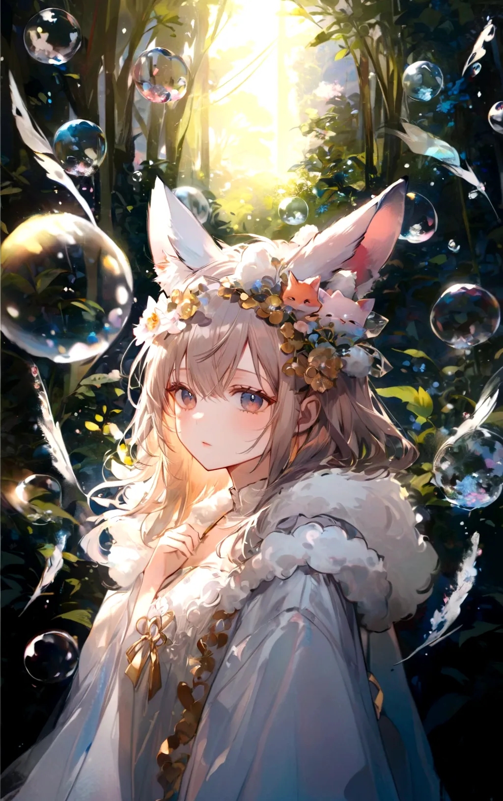 there is a woman with a cat ears and a white dress, artwork in the style of guweiz, fantasy art style, girl with fox ears, guwei...