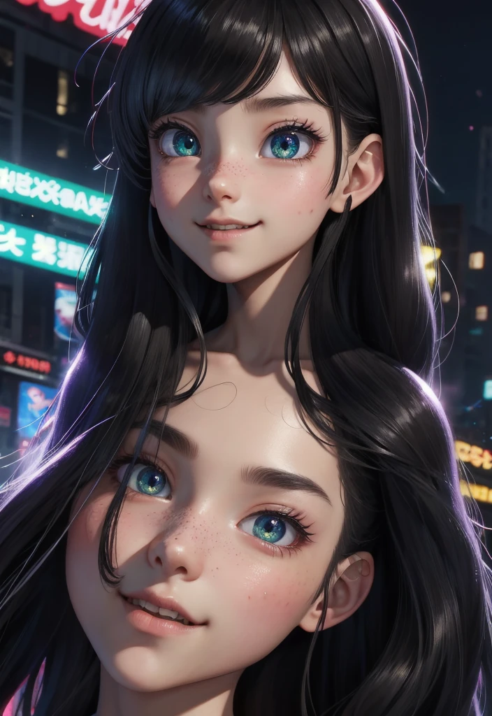 masterpiece, best quality, half body, portrait, night city, 1girl, anime, 3D, Japan, pixar, realistic, teen girl, smiling, cute face, harajuku fashion style, rain coat, beautiful, colourful, neon lights, cyberpunk, smooth skin, illustration, artstation, painting by stanley artgerm lau, sideways glance, foreshortening, extremely detailed 8K, smooth, high resolution, ultra quality, highly detail eyes, highly detail mouth, highly detailed face, perfect eyes, both eyes are the same, true light, glare, Iridescent, Global illumination, (long straight hair), (side comb hair), Big Breasts:1.7, real light, real shadow, real face, hd, 2k, 4k, 8k, 16k, realistic light, realistic shadow, bright Eyes, fluorescent eyes, soft light, dream light