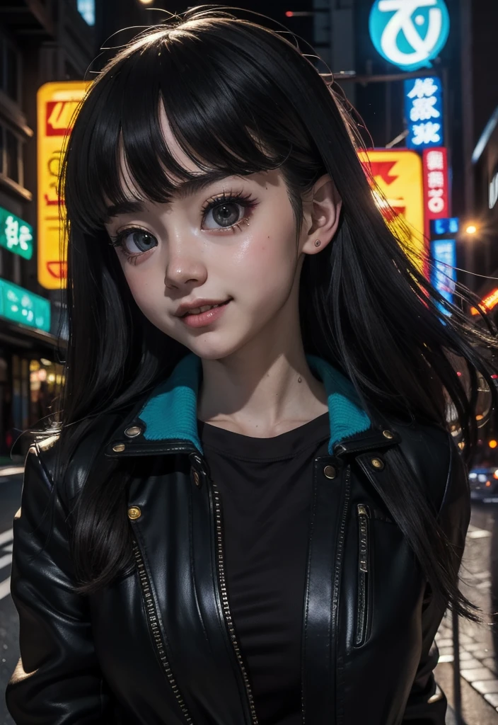 masterpiece, best quality, half body, portrait, night city, 1girl, anime, 3D, Japan, pixar, realistic, teen girl, smiling, cute face, harajuku fashion style, rain coat, beautiful, colourful, neon lights, cyberpunk, smooth skin, illustration, artstation, painting by stanley artgerm lau, sideways glance, foreshortening, extremely detailed 8K, smooth, high resolution, ultra quality, highly detail eyes, highly detail mouth, highly detailed face, perfect eyes, both eyes are the same, true light, glare, Iridescent, Global illumination, (long straight hair), (side comb hair), Big Breasts:1.7, real light, real shadow, real face, hd, 2k, 4k, 8k, 16k, realistic light, realistic shadow, bright Eyes, fluorescent eyes, soft light, dream light