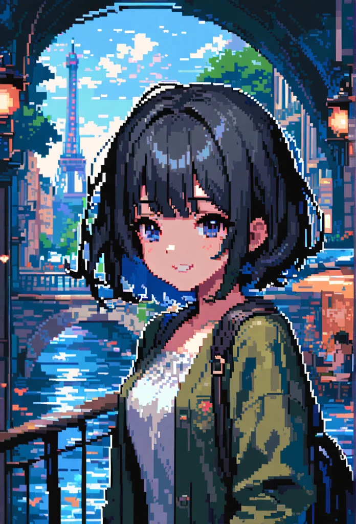 masterpiece, upscale, Super detailed, 8k drawing under CG unity, A woman looks directly at the observer, Summer subjects, Charming and happy expression, In the heart of Paris, Smile, long black hair，Denim style.Pixel Art