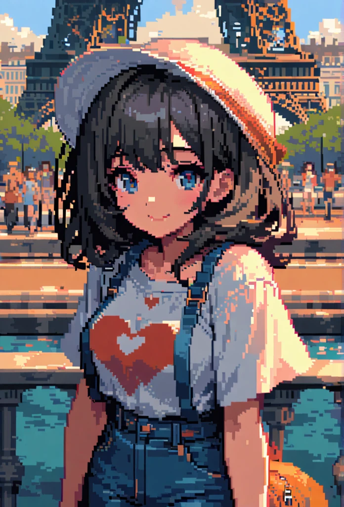 masterpiece, upscale, Super detailed, 8k drawing under CG unity, A woman looks directly at the observer, Summer subjects, Charming and happy expression, In the heart of Paris, Smile, long black hair，Denim style.Pixel Art