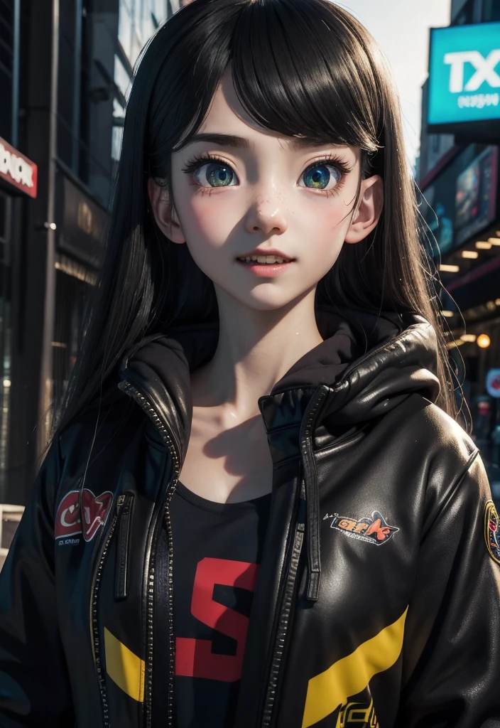 masterpiece, best quality, half body, portrait, night city, 1girl, anime, 3D, Japan, pixar, realistic, teen girl, smiling, cute face, harajuku fashion style, rain coat, beautiful, colourful, neon lights, cyberpunk, smooth skin, illustration, artstation, painting by stanley artgerm lau, sideways glance, foreshortening, extremely detailed 8K, smooth, high resolution, ultra quality, highly detail eyes, highly detail mouth, highly detailed face, perfect eyes, both eyes are the same, true light, glare, Iridescent, Global illumination, (long straight hair), (side comb hair), Big Breasts:1.7, real light, real shadow, real face, hd, 2k, 4k, 8k, 16k, realistic light, realistic shadow, bright Eyes, fluorescent eyes, soft light, dream light