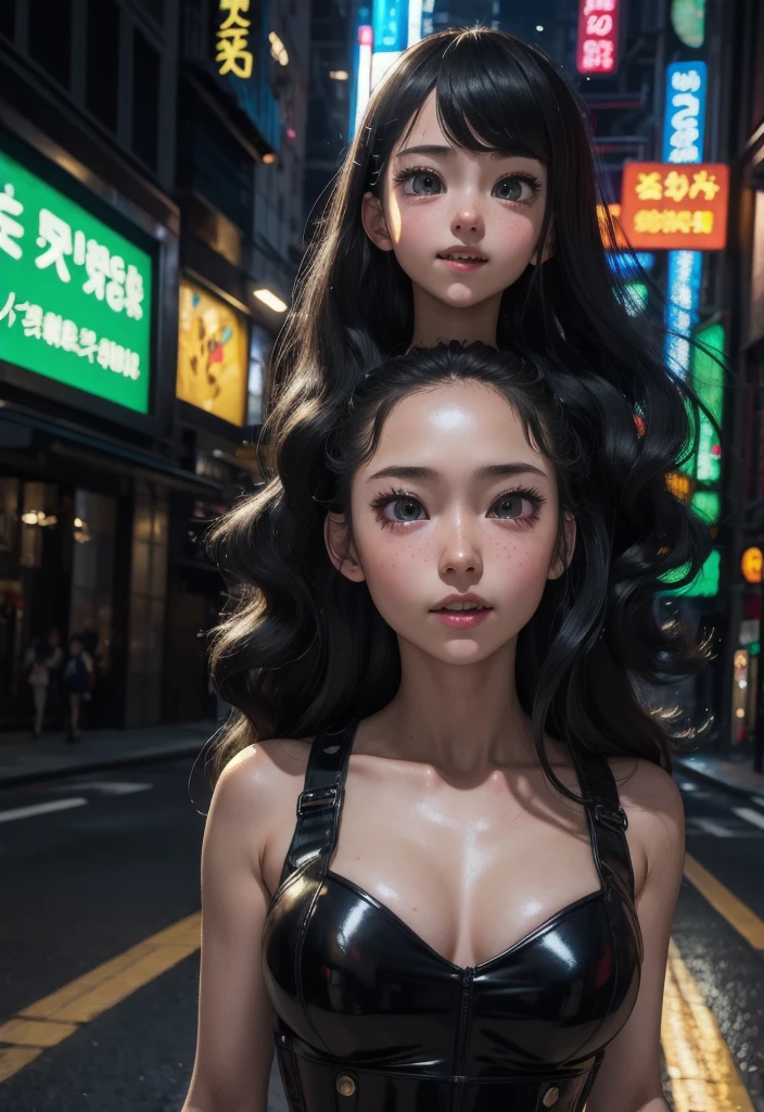 masterpiece, best quality, half body, portrait, night city, 1girl, anime, 3D, Japan, pixar, realistic, teen girl, smiling, cute face, harajuku fashion style, rain coat, beautiful, colourful, neon lights, cyberpunk, smooth skin, illustration, artstation, painting by stanley artgerm lau, sideways glance, foreshortening, extremely detailed 8K, smooth, high resolution, ultra quality, highly detail eyes, highly detail mouth, highly detailed face, perfect eyes, both eyes are the same, true light, glare, Iridescent, Global illumination, (long straight hair), (side comb hair), Big Breasts:1.7, real light, real shadow, real face, hd, 2k, 4k, 8k, 16k, realistic light, realistic shadow, bright Eyes, fluorescent eyes, soft light, dream light