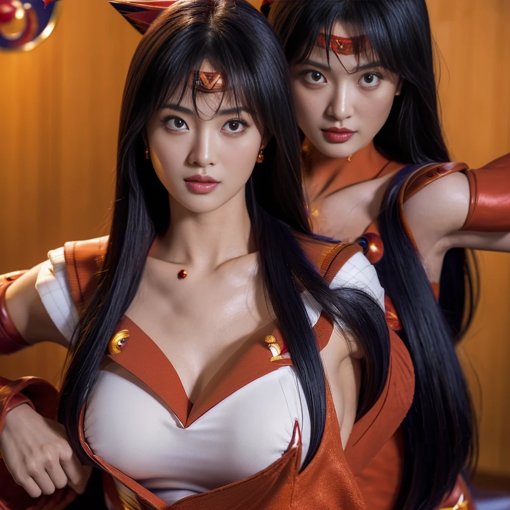 Highest quality，masterpiece，Very detailed, 8K，Beautiful Japan woman atld:1.5, Small face, blunt bangs, (Detailed red Sailor Mars costume:1.5), Breast Augmentation Surgery, Very detailedな臭い脇の下、　Dynamic Angle