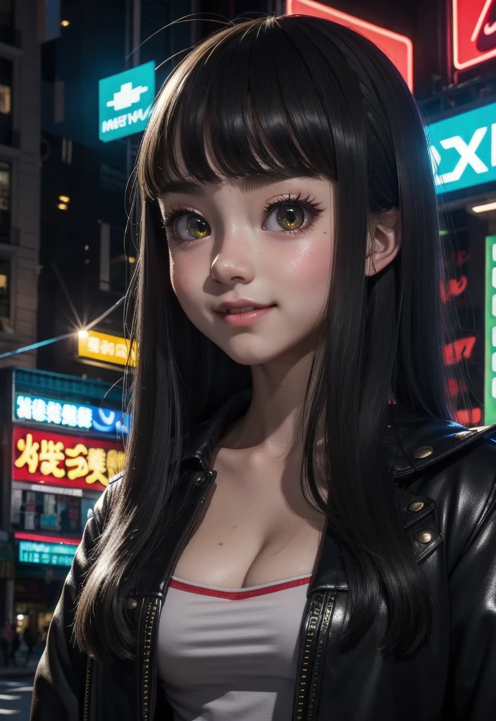 masterpiece, best quality, half body, portrait, night city, 1girl, anime, 3D, Japan, pixar, realistic, teen girl, smiling, cute face, harajuku fashion style, rain coat, beautiful, colourful, neon lights, cyberpunk, smooth skin, illustration, artstation, painting by stanley artgerm lau, sideways glance, foreshortening, extremely detailed 8K, smooth, high resolution, ultra quality, highly detail eyes, highly detail mouth, highly detailed face, perfect eyes, both eyes are the same, true light, glare, Iridescent, Global illumination, (long straight hair), (side comb hair), Big Breasts:1.7, real light, real shadow, real face, hd, 2k, 4k, 8k, 16k, realistic light, realistic shadow, bright Eyes, fluorescent eyes, soft light, dream light