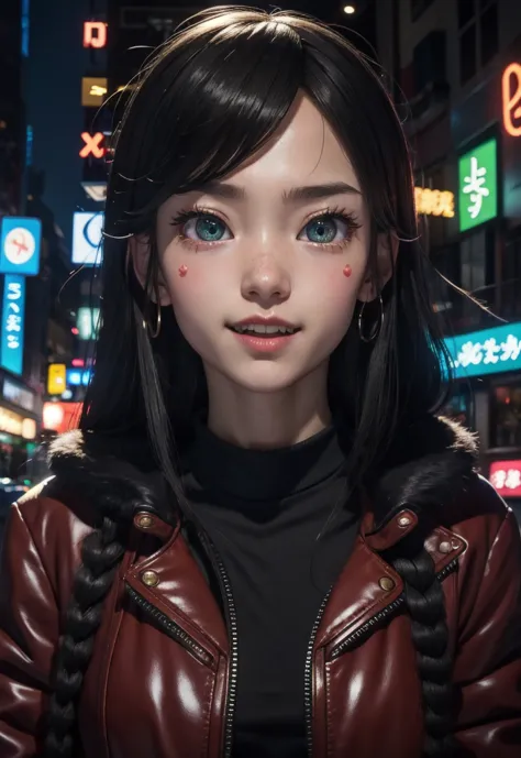 masterpiece, best quality, half body, portrait, night city, 1girl, anime, 3d, japan, pixar, realistic, teen girl, smiling, cute ...