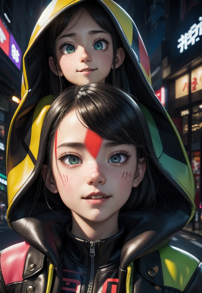 masterpiece, best quality, half body, portrait, night city, 1girl, anime, 3D, Japan, pixar, realistic, teen girl, smiling, cute face, harajuku fashion style, rain coat, beautiful, colourful, neon lights, cyberpunk, smooth skin, illustration, artstation, painting by stanley artgerm lau, sideways glance, foreshortening, extremely detailed 8K, smooth, high resolution, ultra quality, highly detail eyes, highly detail mouth, highly detailed face, perfect eyes, both eyes are the same, true light, glare, Iridescent, Global illumination, (long straight hair), (side comb hair), Big Breasts:1.7, real light, real shadow, real face, hd, 2k, 4k, 8k, 16k, realistic light, realistic shadow, bright Eyes, fluorescent eyes, soft light, dream light