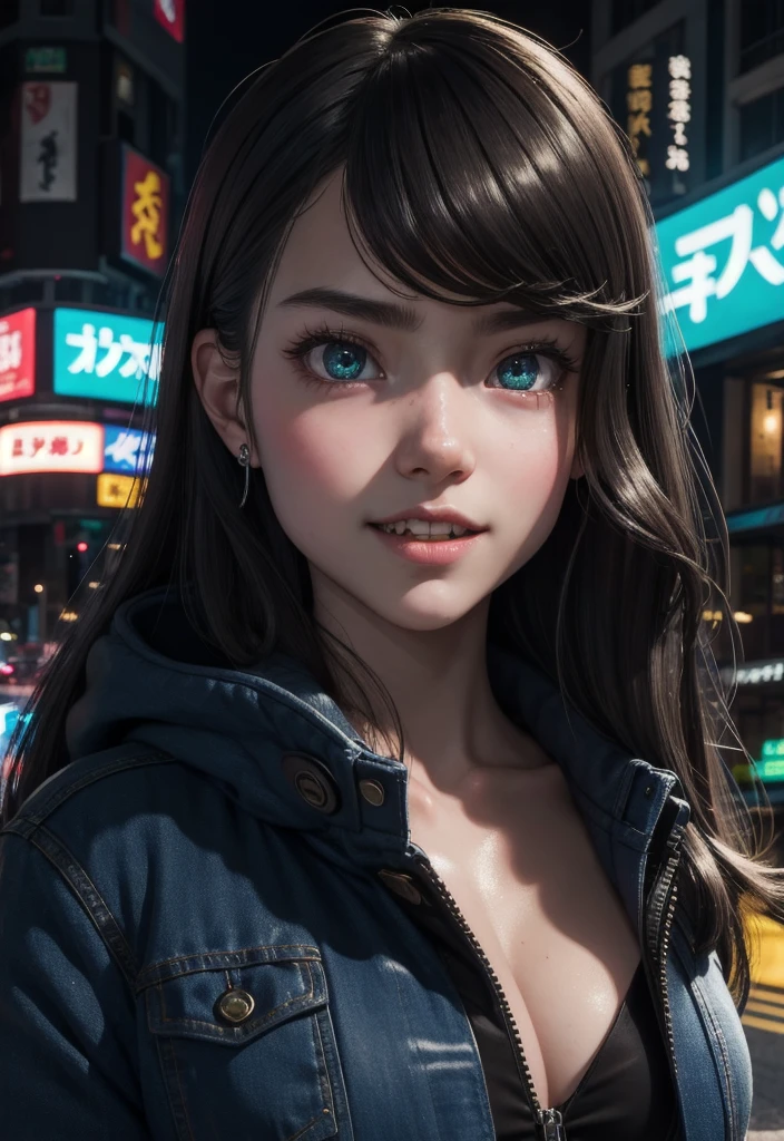 masterpiece, best quality, half body, portrait, night city, 1girl, anime, 3D, Japan, pixar, realistic, teen girl, smiling, cute face, harajuku fashion style, rain coat, beautiful, colourful, neon lights, cyberpunk, smooth skin, illustration, artstation, painting by stanley artgerm lau, sideways glance, foreshortening, extremely detailed 8K, smooth, high resolution, ultra quality, highly detail eyes, highly detail mouth, highly detailed face, perfect eyes, both eyes are the same, true light, glare, Iridescent, Global illumination, (long straight hair), (side comb hair), Big Breasts:1.7, real light, real shadow, real face, hd, 2k, 4k, 8k, 16k, realistic light, realistic shadow, bright Eyes, fluorescent eyes, soft light, dream light