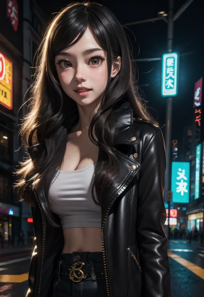 masterpiece, best quality, half body, portrait, night city, 1girl, anime, 3D, Japan, pixar, realistic, teen girl, smiling, cute face, harajuku fashion style, rain coat, beautiful, colourful, neon lights, cyberpunk, smooth skin, illustration, artstation, painting by stanley artgerm lau, sideways glance, foreshortening, extremely detailed 8K, smooth, high resolution, ultra quality, highly detail eyes, highly detail mouth, highly detailed face, perfect eyes, both eyes are the same, true light, glare, Iridescent, Global illumination, (long straight hair), (side comb hair), Big Breasts:1.7, real light, real shadow, real face, hd, 2k, 4k, 8k, 16k, realistic light, realistic shadow, bright Eyes, fluorescent eyes, soft light, dream light