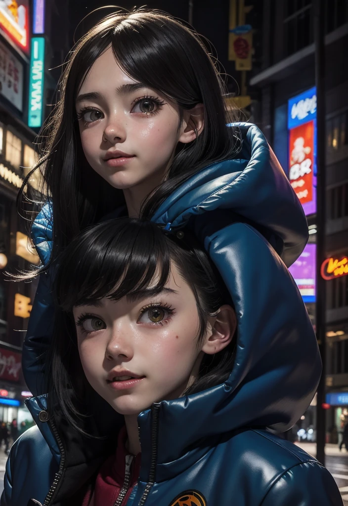 masterpiece, best quality, half body, portrait, night city, 1girl, anime, 3D, Japan, pixar, realistic, teen girl, smiling, cute face, harajuku fashion style, rain coat, beautiful, colourful, neon lights, cyberpunk, smooth skin, illustration, artstation, painting by stanley artgerm lau, sideways glance, foreshortening, extremely detailed 8K, smooth, high resolution, ultra quality, highly detail eyes, highly detail mouth, highly detailed face, perfect eyes, both eyes are the same, true light, glare, Iridescent, Global illumination, (long straight hair), (side comb hair), Big Breasts:1.7, real light, real shadow, real face, hd, 2k, 4k, 8k, 16k, realistic light, realistic shadow, bright Eyes, fluorescent eyes, soft light, dream light