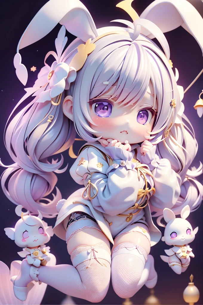 High quality、plastican00d、Bright atmosphere、Realistic Light、Spotlight from above、pretty girl、、、Fishnet tights、Silver Hair、garter belt、Two-headed appearance、Doll、Chibi、plastic、Purple long hair、Night Sky、Big crescent moon behind、、Alley、、Puffy the Rabbit、full body, chibi,Rabbit mouth、A glimpse of a double tooth、suspension、rope、shibari
