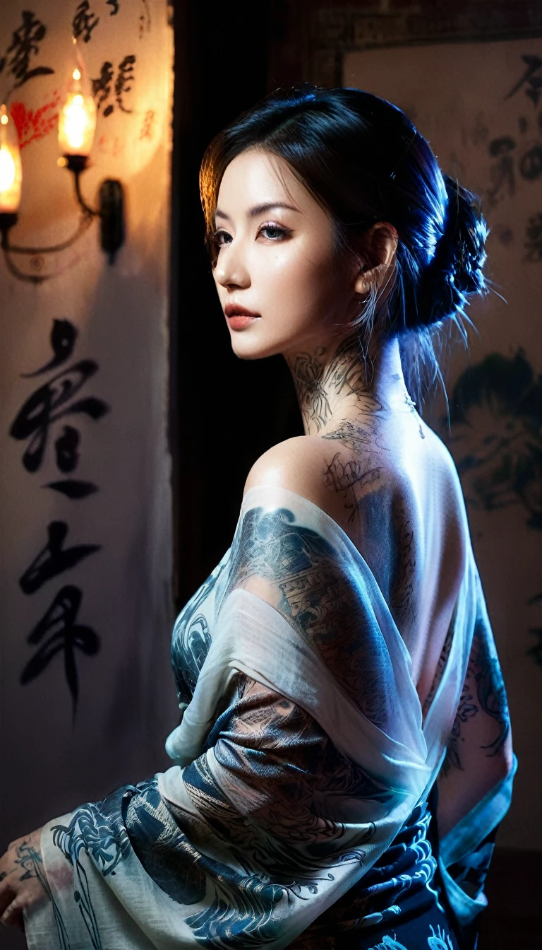 Double Exposure Style,Volumetric Lighting,a girl (Supermodel) with Wrap top,arching her back, beautiful tattoo, Traditional Attire,Artistic Calligraphy and Ink,light depth,dramatic atmospheric lighting,Volumetric Lighting,double image ghost effect,image combination,double exposure style,