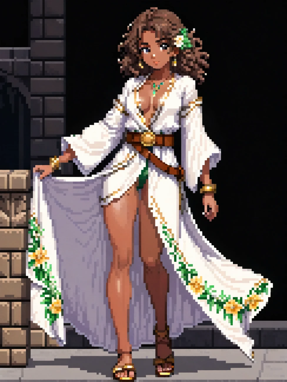 (Pixel art: 1.2), 1 jeune femme, 23 ans, peau sombre, avec des cheveux bouclés châtain moyen retenus par un chiffon, portant une robe blanche médiévale couvrant tout le corps avec des détails floraux, couvert les bras et les jambes avec le peignoir, une ceinture en cuir marron clair, des boucles d&#39;oreilles en or, Un collier avec une pierre verte, vue de face, Tout le corps, lèvres et nez visibles, porter des sandales, Fond noir, strong physique.