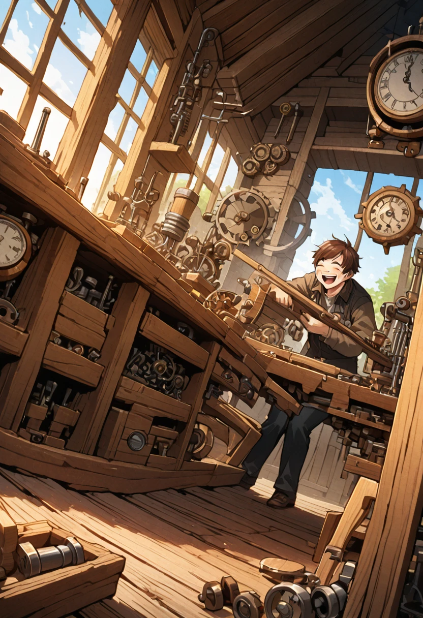 detailed illustration, dynamic angle, ultra-detailed, illustration, WindWakerStyle, 1man, brown hair, wooden workshop, smile, laughing, clocks, clockwork tools, tinker tools, carpentry tools, springs, 