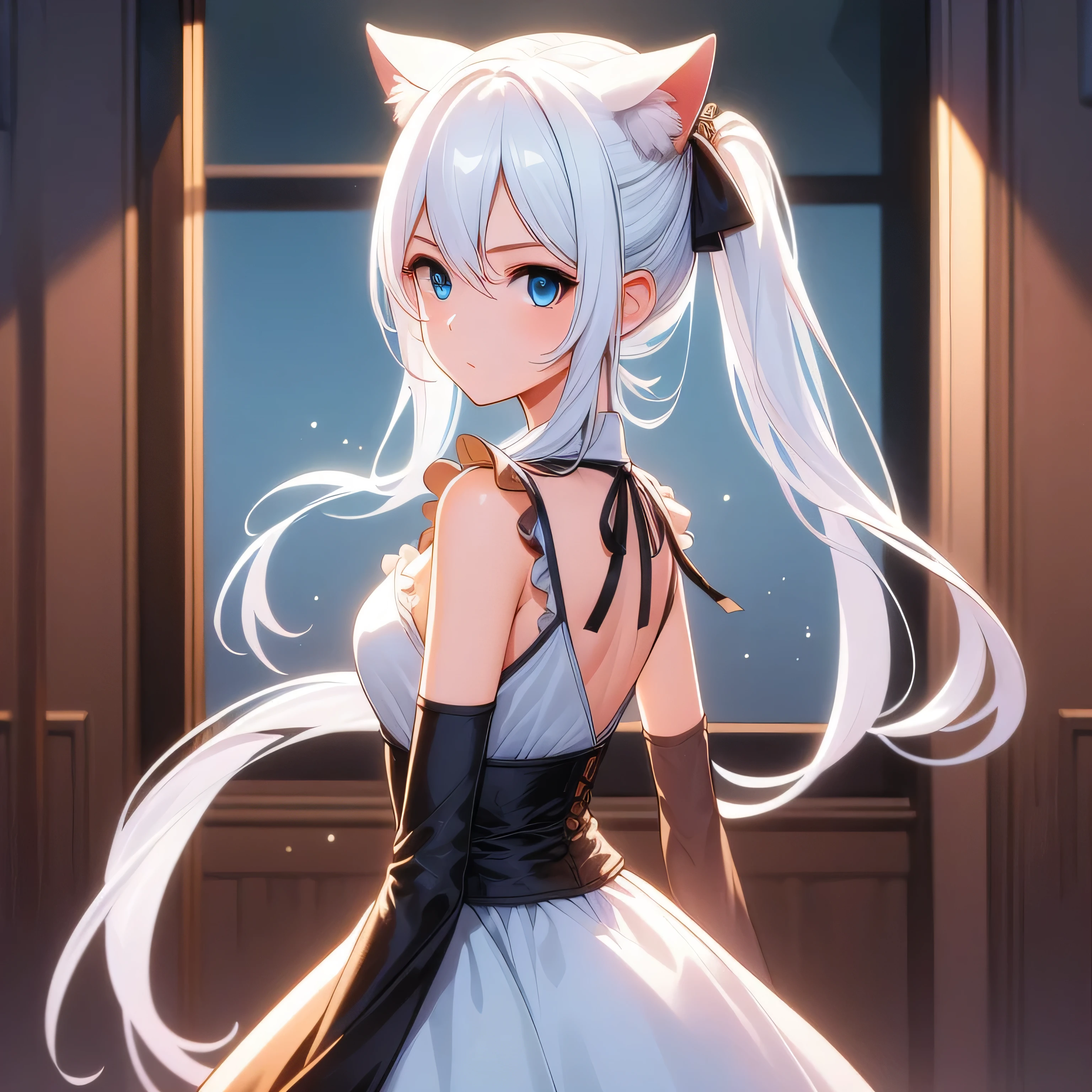 1 woman, blue eyes, hair ornament, flower, white hair, cat ears, BREAK dress, bow, bare shoulders, cape, gemstone, apron, skirt, frills, high collar, BREAK indoors, BREAK looking at viewer, (cowboy shot:1.5), BREAK (masterpiece), best quality, high resolution, unity 8k wallpaper, (beautiful detailed eyes:1.6), extremely detailed face, perfect lighting, extremely detailed CG, (perfect hands, perfect anatomy), cleavage, black ribbon, glasses, adult anime woman, cherry blossom