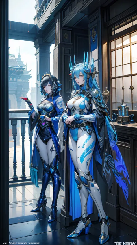 two women in costumes are standing in a room, the mechanical lady, Prometheus static framework, blue body paint, cyberpunk ornam...