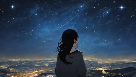 (Highest quality), Girl looking at the night view,Black Hair,Beautiful starry sky