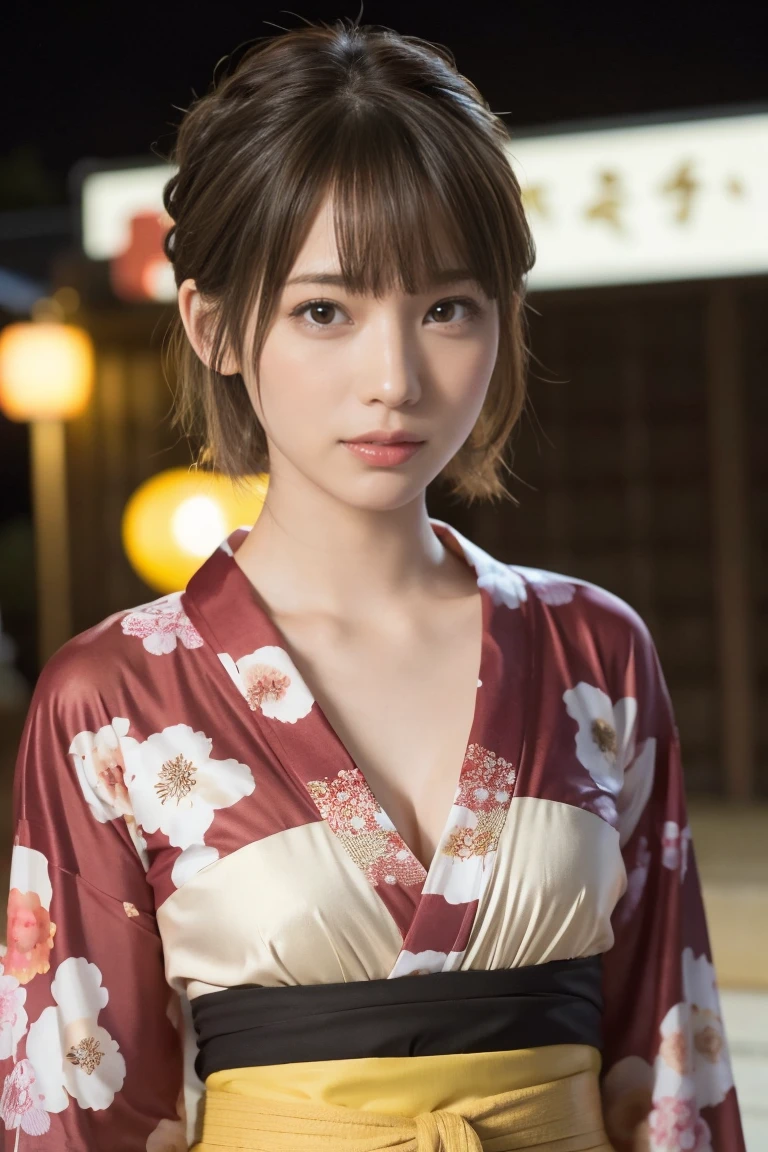 1 woman, hair up, short bob, 28 years old, Japanese, brown eyes, brown hair, slim figure, flat chest,
Blake
See-through yukata, summer festival, night, 