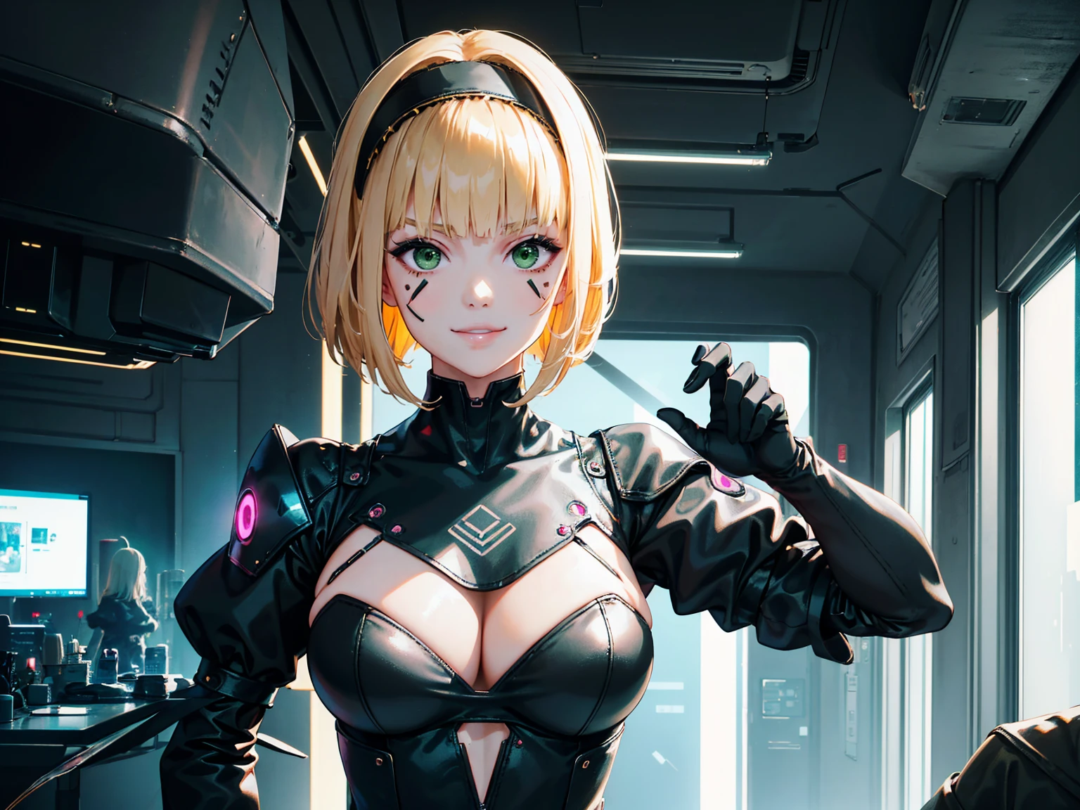 masterpiece, Best quality, (1 girl), (solo) (front facing), (upper body), (smile),(from front), (portrait), (night), (pose for picture), (dystopian city street), (large breast), (cleavage), (long hair),, black costume, black, gloves, dress boots, black gloves, puffy sleeves, black dress) (blak hairband),(cyberpunk costume), (blonde hair), (green eyes), feather-trimmed sleeves anime, realistic, masterpiece, (bobcut, bangs), (A2 costume) (cyber_mark), ( facial mark), (cyberpunk suit), (j4nu4ryj0n3s cleavage), (demure), (dark room), (neon lights), (cyberpunk room), (focus on body), (look at front), (look at viewer)