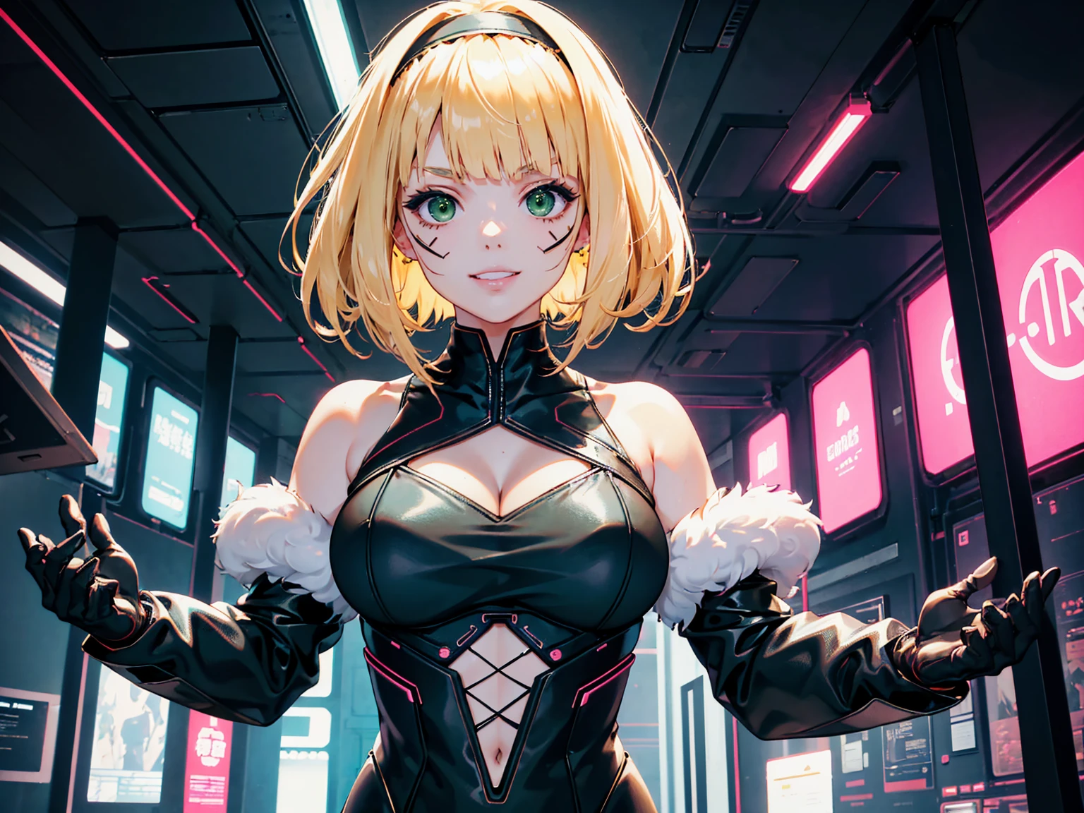 masterpiece, Best quality, (1 girl), (solo) (front facing), (upper body), (smile),(from front), (portrait), (night), (pose for picture), (dystopian city street), (large breast), (cleavage), (long hair),, black costume, black, gloves, dress boots, black gloves, puffy sleeves, black dress) (blak hairband),(cyberpunk costume), (blonde hair), (green eyes), feather-trimmed sleeves anime, realistic, masterpiece, (bobcut, bangs), (A2 costume) (cyber_mark), ( facial mark), (cyberpunk suit), (j4nu4ryj0n3s cleavage), (demure), (dark room), (neon lights), (cyberpunk room), (focus on body), (look at front), (look at viewer)