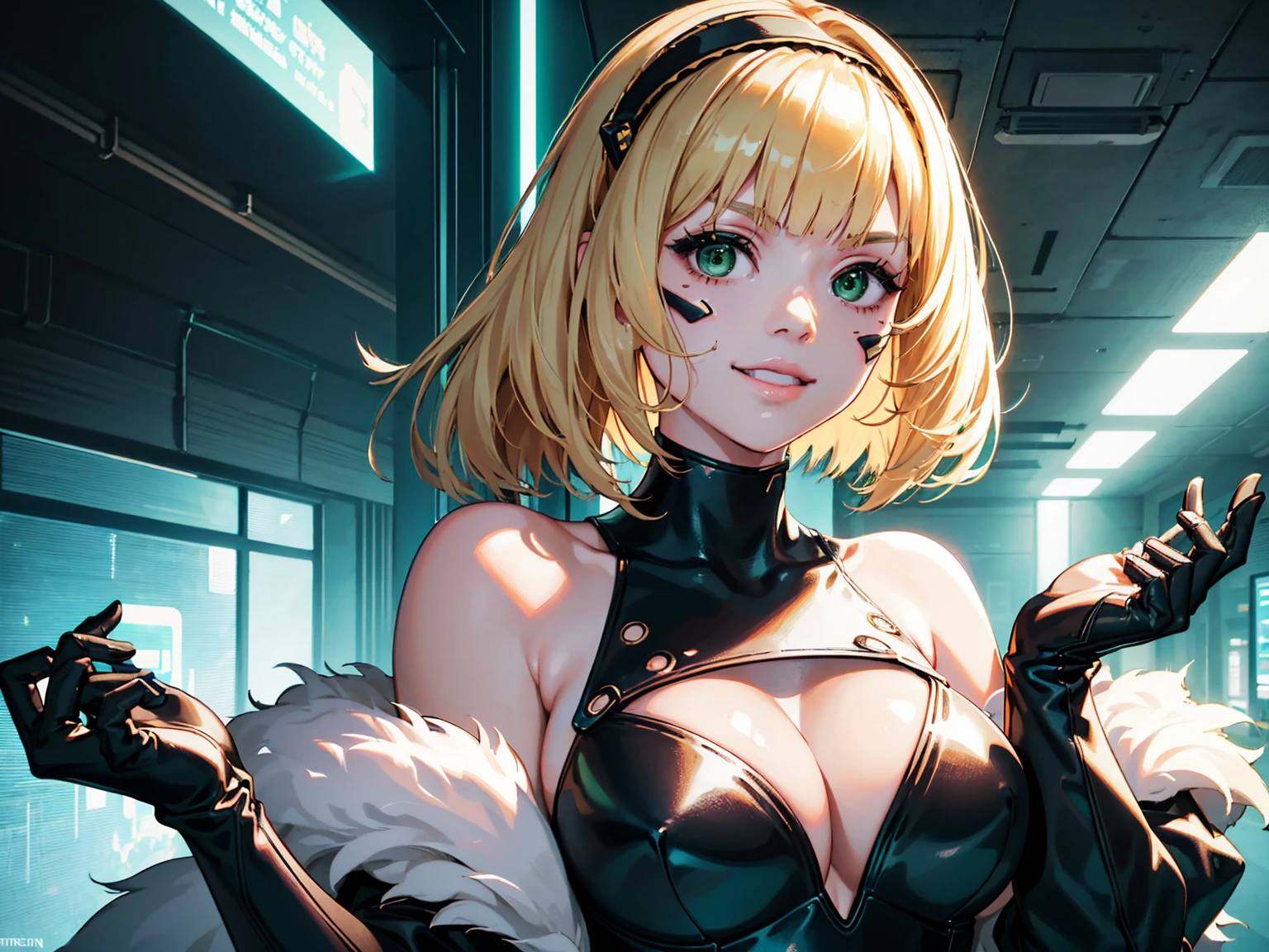 masterpiece, Best quality, (1 girl), (solo) (front facing), (upper body), (smile),(from front), (portrait), (night), (pose for picture), (dystopian city street), (large breast), (cleavage), (long hair),, black costume, black, gloves, dress boots, black gloves, puffy sleeves, black dress) (blak hairband),(cyberpunk costume), (blonde hair), (green eyes), feather-trimmed sleeves anime, realistic, masterpiece, (bobcut, bangs), (A2 costume) (cyber_mark), ( facial mark), (cyberpunk suit), (j4nu4ryj0n3s cleavage), (demure), (dark room), (neon lights), (cyberpunk room), (focus on body), (look at front), (look at viewer)