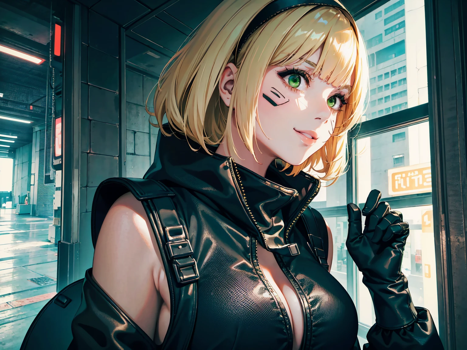 masterpiece, Best quality, (1 girl), (solo) (front facing), (upper body), (smile),(from front), (portrait), (night), (pose for picture), (dystopian city street), (large breast), (cleavage), (long hair),, black costume, black, gloves, dress boots, black gloves, puffy sleeves, black dress) (blak hairband),(cyberpunk costume), (blonde hair), (green eyes), feather-trimmed sleeves anime, realistic, masterpiece, (bobcut, bangs), (A2 costume) (cyber_mark), ( facial mark), (cyberpunk suit), (j4nu4ryj0n3s cleavage), (demure), (dark room), (neon lights), (cyberpunk room), (focus on body), (look at front), (look at viewer)