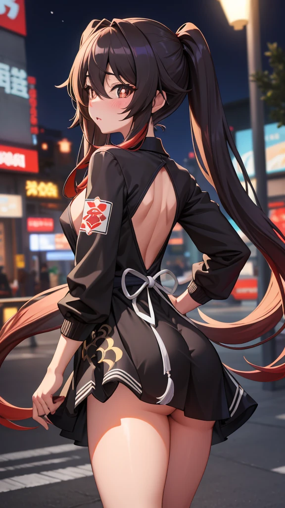 masterpiece, best quality, HuTaoV4, 1girl, solo, blush, twintails, long hair, hair between eyes, ((streetwear clothes)), city, outdoors, night, movie poster, extremely detailed 8K, smooth, high resolution, ultra quality, cinematic lighting, ambient occlusion, hd, 2k, 4k, 8k, 16k, extremely detailed anime, detailed faces, perfect composition, wide shot, atmospheric lighting, very sexy, lift skirt, random low back angle, uncensored, nsfw, sin censura