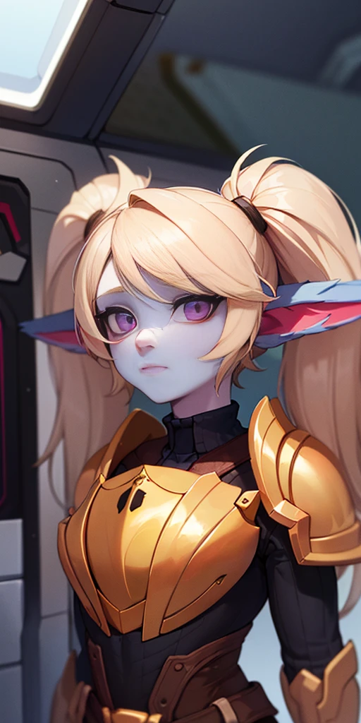 highly detailed, best quality, photography, Poppy from LOL, absurdness, beautiful face (detailed eyes, deep eyes) 1woman, blonde hair, twin tails, magenta eyes, short, wide hips, curvy, toned muscles (n7armor) inside a spaceship