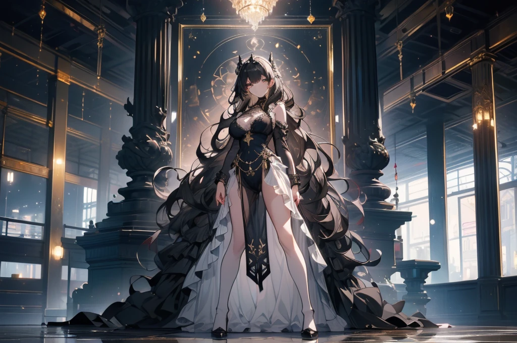 ((masterpiece, best quality)), Delicate face，dark Knight，whole body，Standing picture，Long legs，Large Breasts，Gradient long wavy hair，Perfect body proportions，Beautiful black eyes，Extremely beautiful，transparent， Pure white background，Big Dark Day，cloud，Sexy Lingerie，Lace，Kaneko，Gold Mine，Gold jewelry，