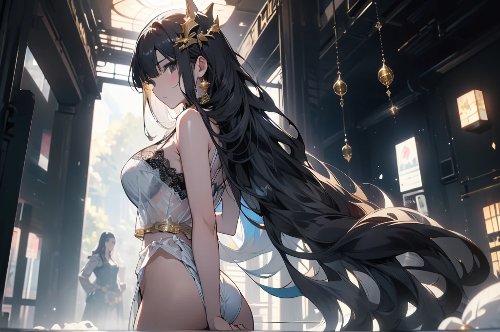 ((masterpiece, best quality)), Delicate face，dark Knight，whole body，Standing picture，Long legs，Large Breasts，Gradient long wavy hair，Perfect body proportions，Beautiful black eyes，Extremely beautiful，transparent， Pure white background，Big Dark Day，cloud，Sexy Lingerie，Lace，Kaneko，Gold Mine，Gold jewelry，