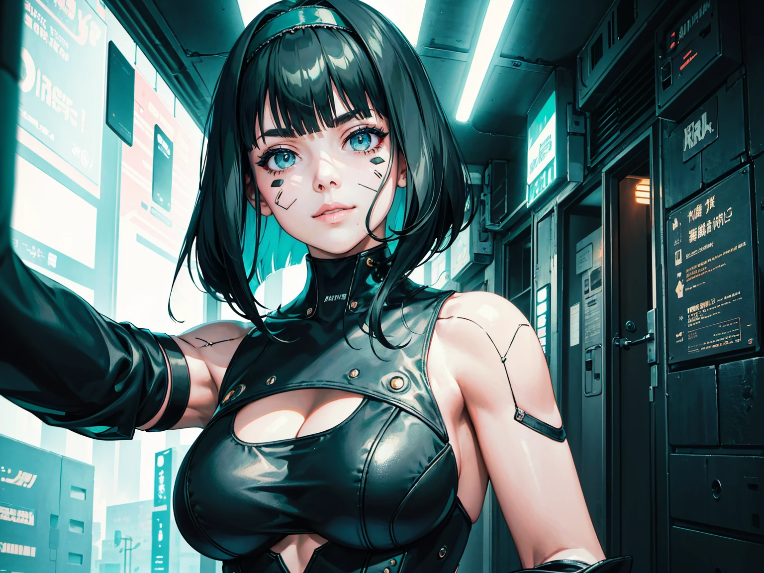 masterpiece, Best quality, (1 girl), (solo) (front facing), (upper body), (smile),(from front), (portrait), (night), (pose for picture), (dystopian city street), (large breast), (cleavage), (long hair),, black costume, black, gloves, dress boots, black gloves, puffy sleeves, black dress) (blak hairband),(cyberpunk costume), (green hair), (green eyes), feather-trimmed sleeves anime, realistic, masterpiece, (bobcut, bangs), (A2 costume) (cyber_mark), ( facial mark), (cyberpunk suit), (j4nu4ryj0n3s cleavage), (demure), (dark room), (neon lights), (cyberpunk room), (focus on body), (look at front), (look at viewer)