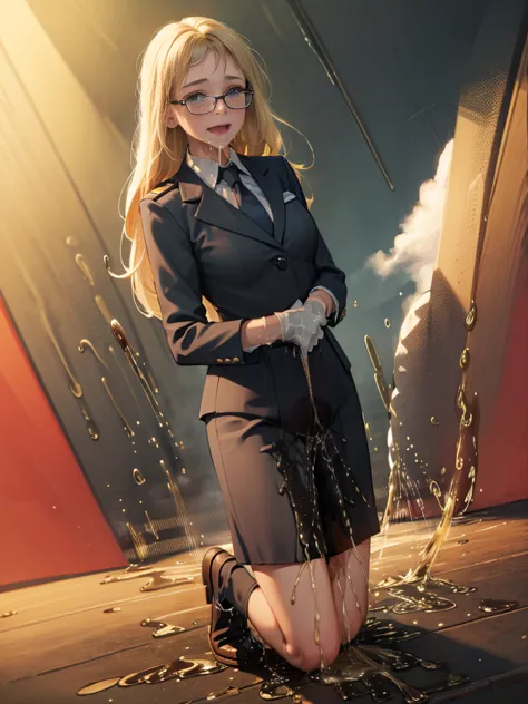 masterpiece, best quality, blonde hair, sfKolin, glasses, black shiny skirt suit, (((three-piece suit))), necktie, blazer, suit ...