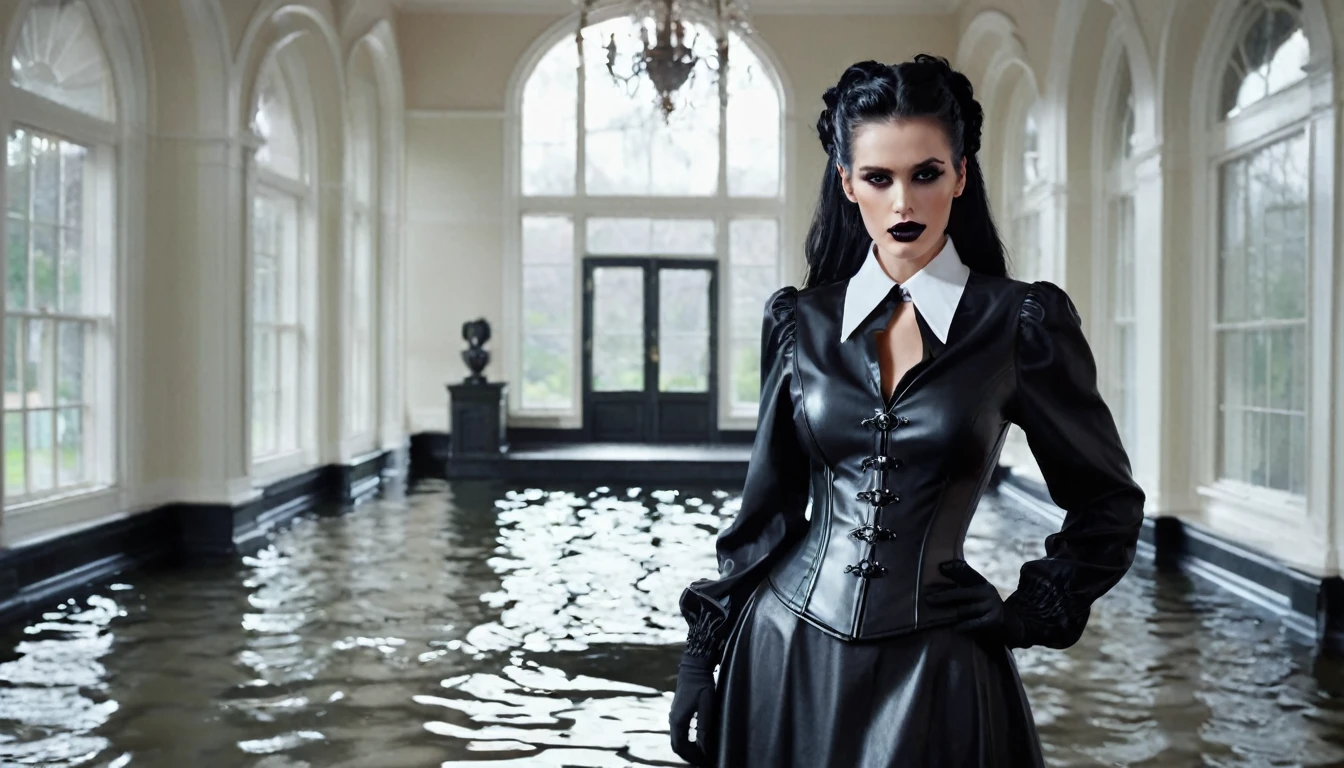 A cinematic image, Amazing maid model, a black very magnificent hairstyle, a black leather corset, a white office shirt collar, eyeliner makeup, a black long leather shirt dress with long puffy sleeves and large buttons, a room in a mansion flooded with sunlight, a white collar office shirts, leather gloves, eyeliner, black leather shoes, a human skull in one hand.