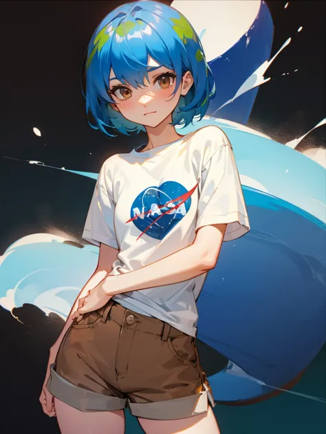 earth-chan, white shirt, short sleeves, brown shorts, cowboy shot, highly detailed, HD, 4K, masterpiece