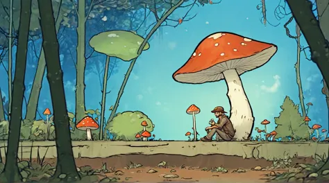 cartoon of a man sitting under a mushroom in a forest, game illustration, overgrown with fungi, mushroom forest, screenshots, vi...