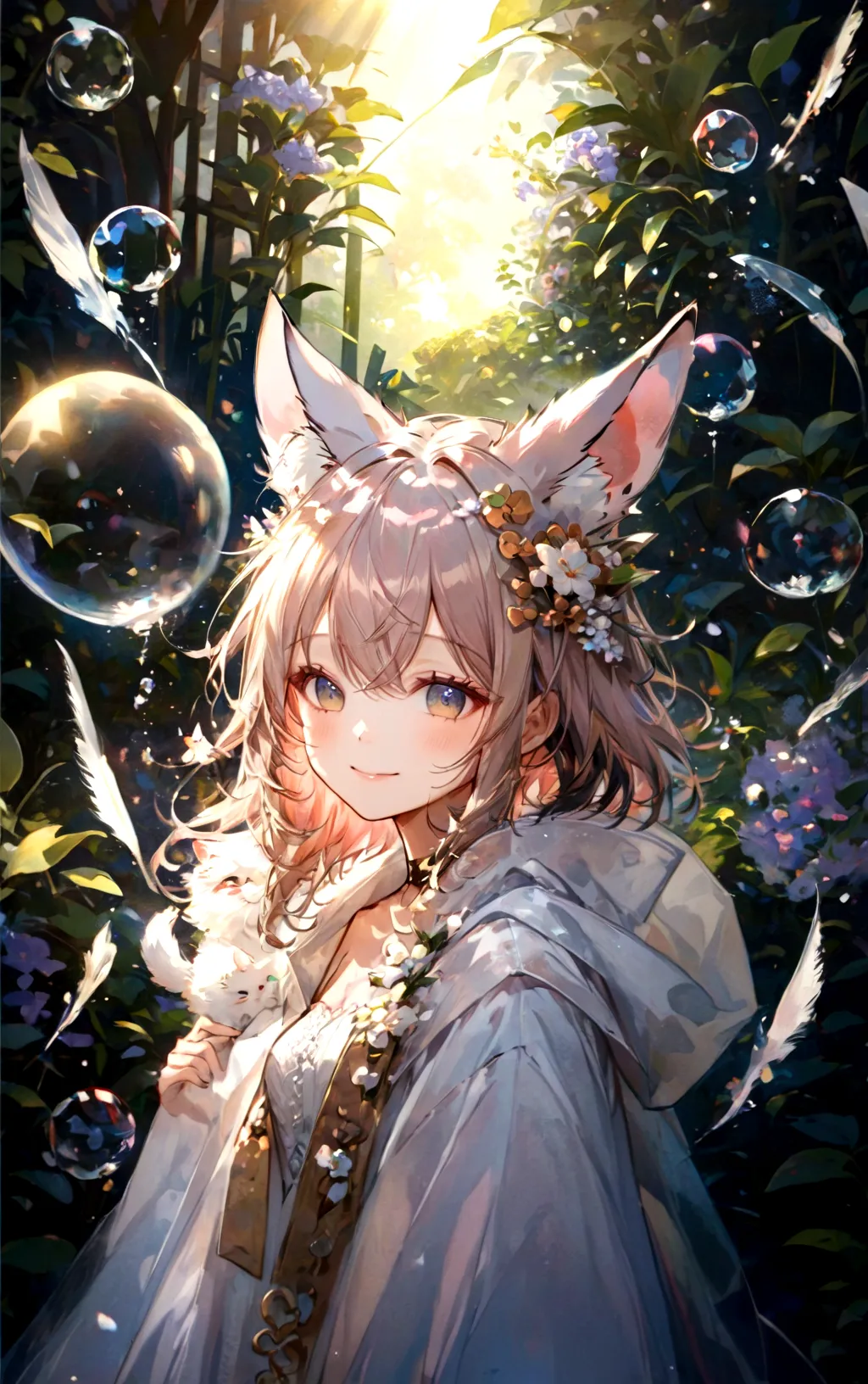 there is a smiling woman with a cat ears and a white dress, artwork in the style of guweiz, fantasy art style, girl with fox ear...