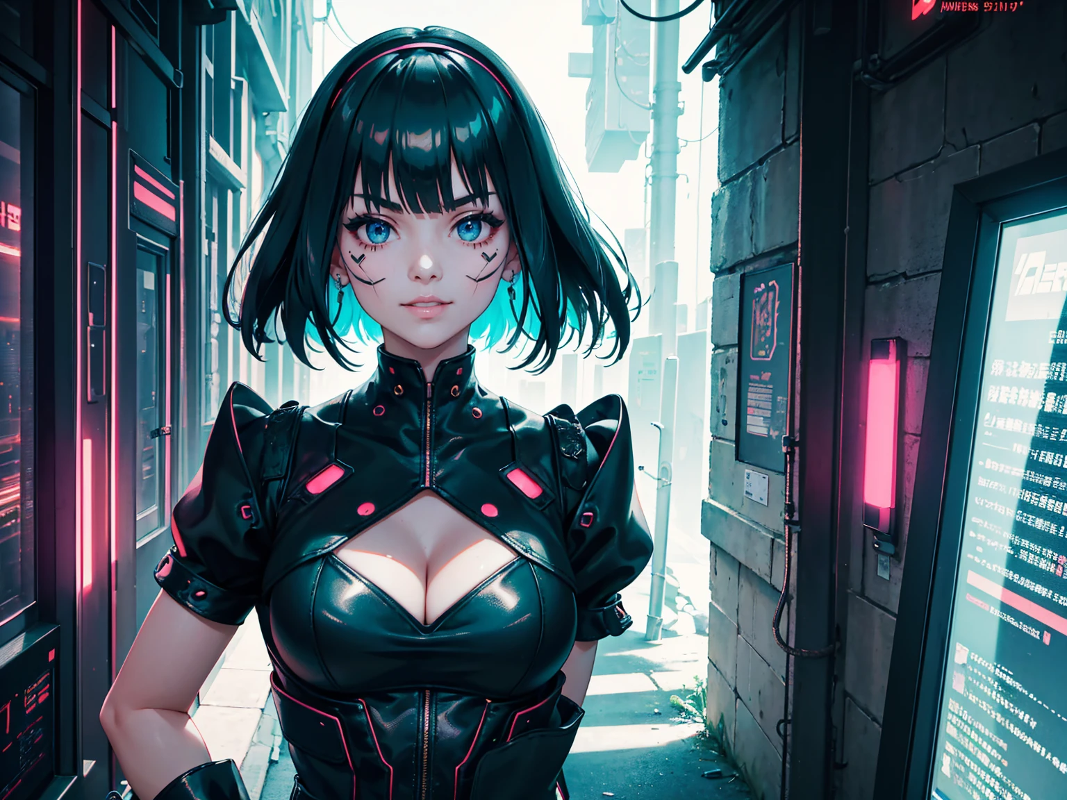 masterpiece, Best quality, (1 girl), (solo) (front facing), (upper body), (smile),(from front), (portrait), (night), (pose for picture), (dystopian city street), (large breast), (cleavage), (long hair),, black costume, black, gloves, dress boots, black gloves, puffy sleeves, black dress) (blak hairband),(cyberpunk costume), (green hair), (blue eyes), feather-trimmed sleeves anime, realistic, masterpiece, (bobcut, bangs), (A2 costume) (cyber_mark), ( facial mark), (cyberpunk suit), (j4nu4ryj0n3s cleavage), (demure), (dark room), (neon lights), (cyberpunk room), (focus on body), (look at front), (look at viewer)