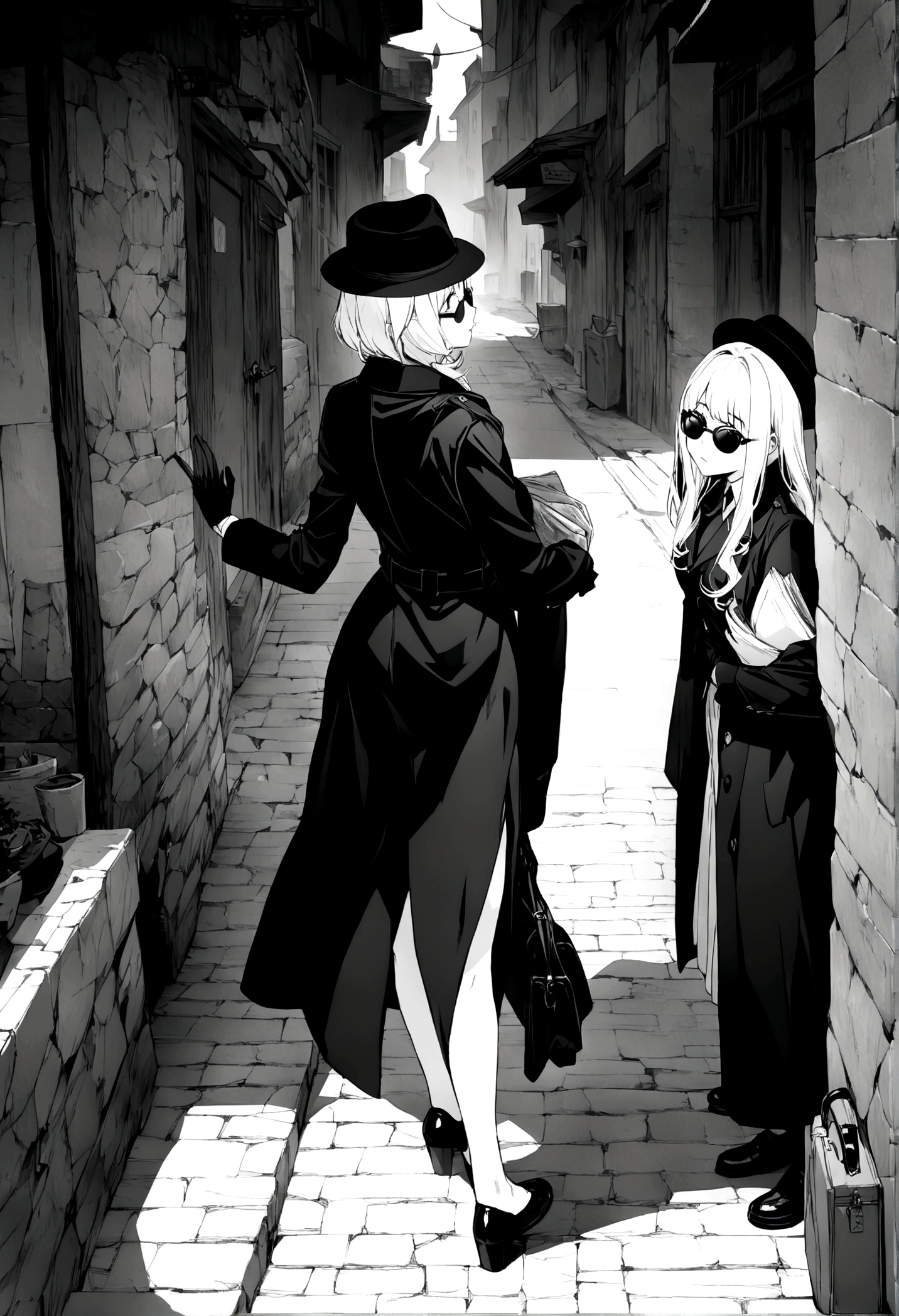 ((masterpiece, highest quality, Highest image quality, High resolution, 8K)), ((Extremely detailed CG unified 8k wallpaper)), ((monochrome)), Screenshot from an old black and white movie, two women having a secret conversation on a street corner, wearing black hats, black sunglasses, black trench coats, black gloves, black shoes, holding an attache case and newspaper in one hand, HD,